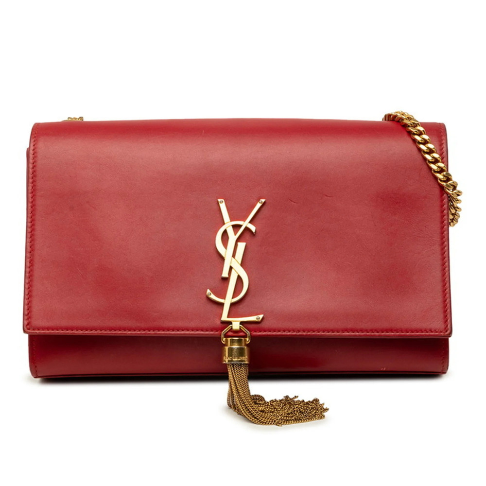 Saint Laurent YSL Logo Kate Tassel Chain Shoulder Bag, Red Gold Leather, Wome...